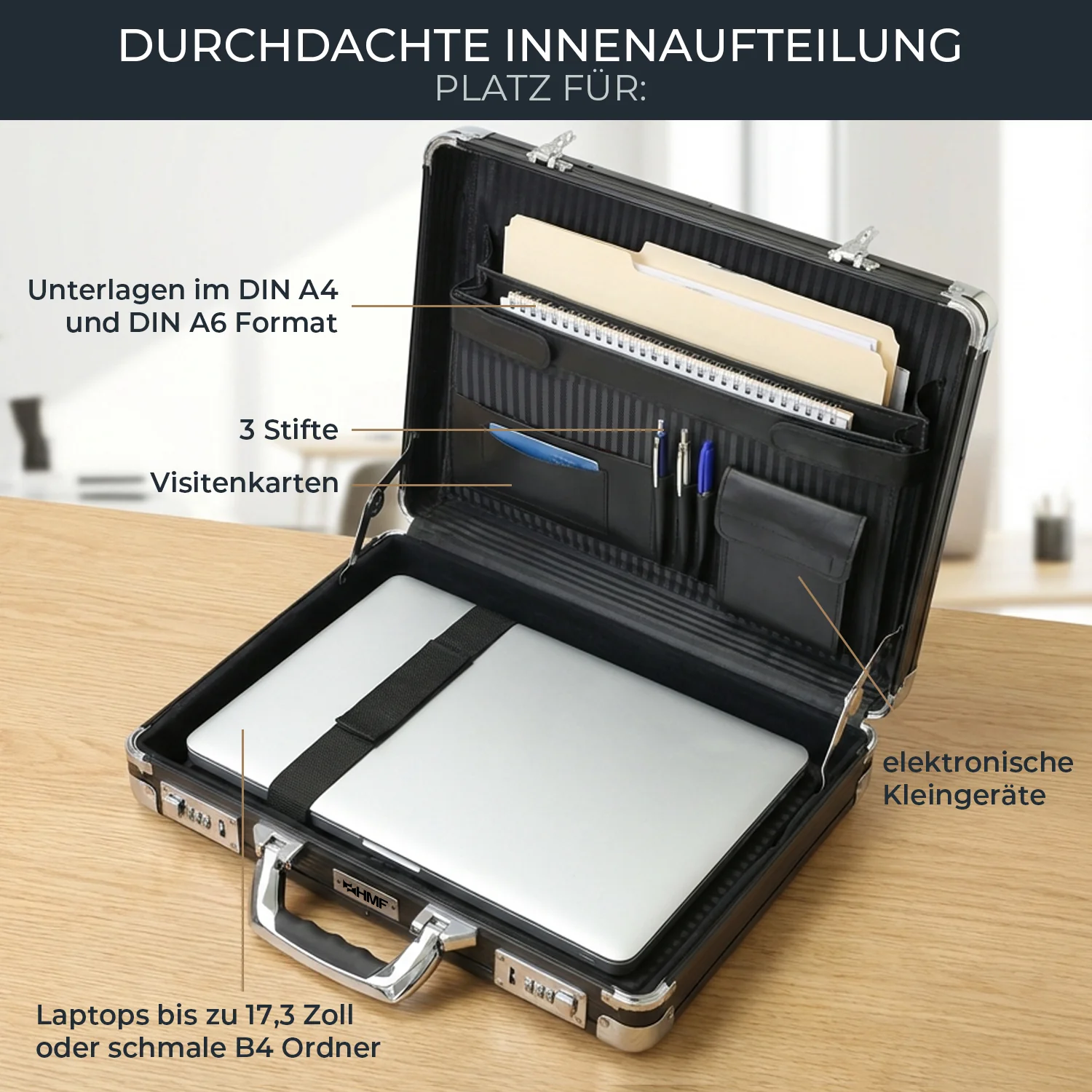 Alu Aktenkoffer für Laptop bis 17,3 Zoll, Businesskoffer Herren mit Zahlenschloss, HMF 14651-02, 45 x 33 x 11 cm, Schwarz - Image 3