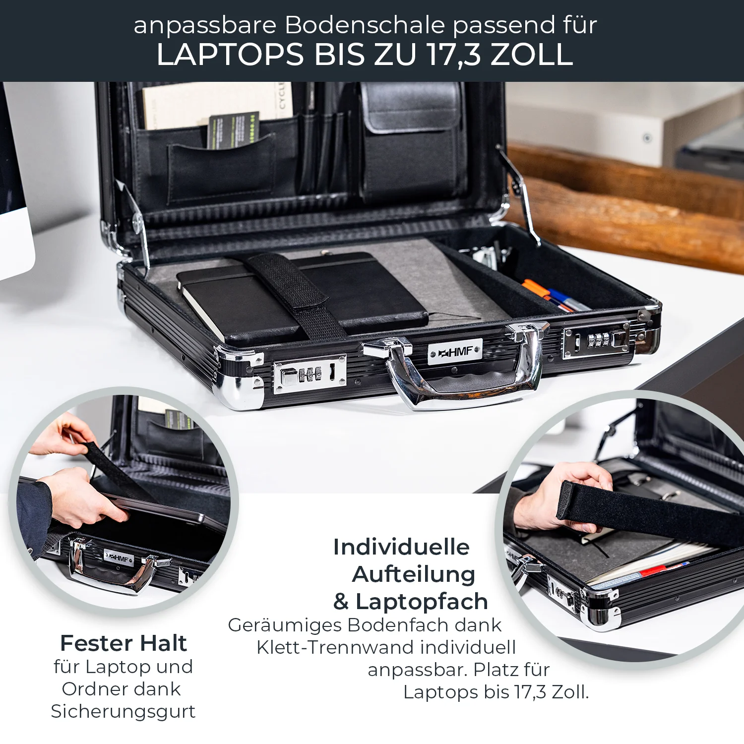 Alu Aktenkoffer für Laptop bis 17,3 Zoll, Businesskoffer Herren mit Zahlenschloss, HMF 14651-02, 45 x 33 x 11 cm, Schwarz - Image 4