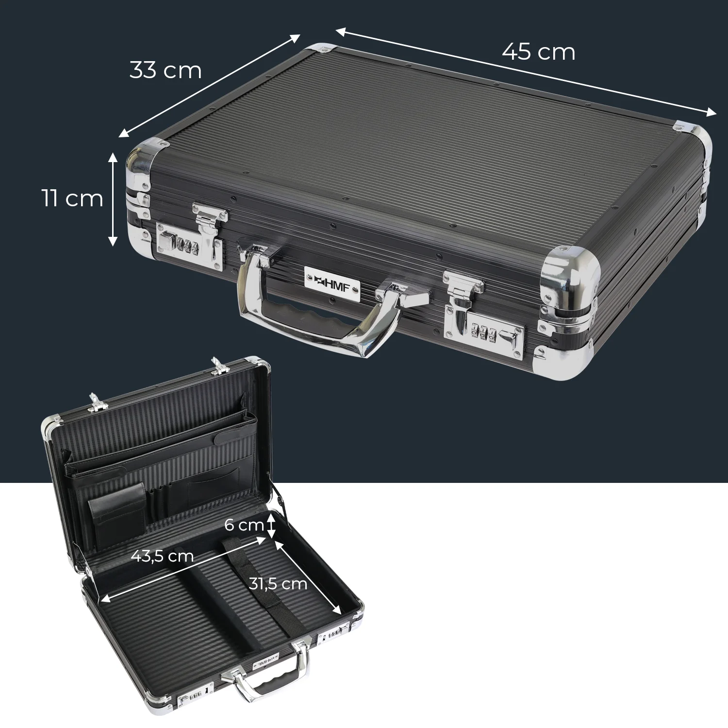 Alu Aktenkoffer für Laptop bis 17,3 Zoll, Businesskoffer Herren mit Zahlenschloss, HMF 14651-02, 45 x 33 x 11 cm, Schwarz - Image 5