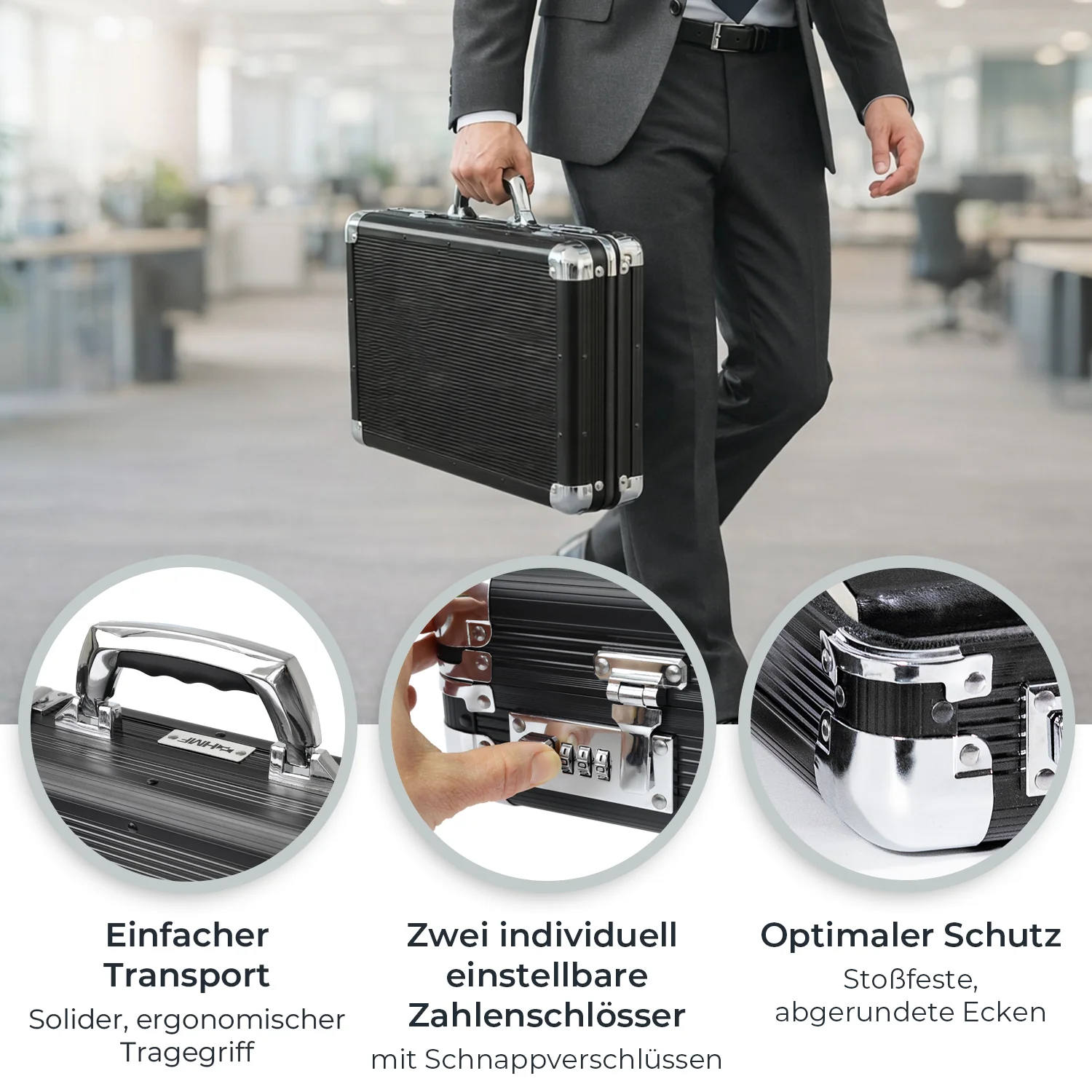 Alu Aktenkoffer für Laptop bis 17,3 Zoll, Businesskoffer Herren mit Zahlenschloss, HMF 14651-02, 45 x 33 x 11 cm, Schwarz - Image 6