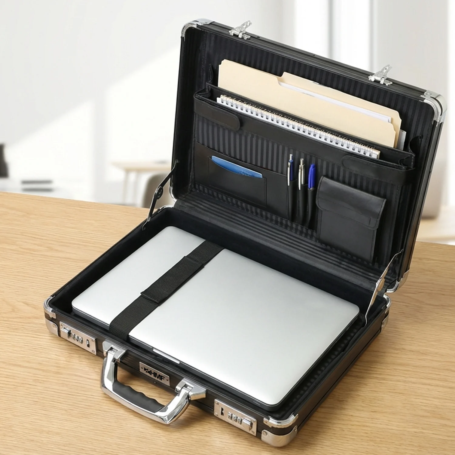 Alu Aktenkoffer für Laptop bis 17,3 Zoll, Businesskoffer Herren mit Zahlenschloss, HMF 14651-02, 45 x 33 x 11 cm, Schwarz - Image 8