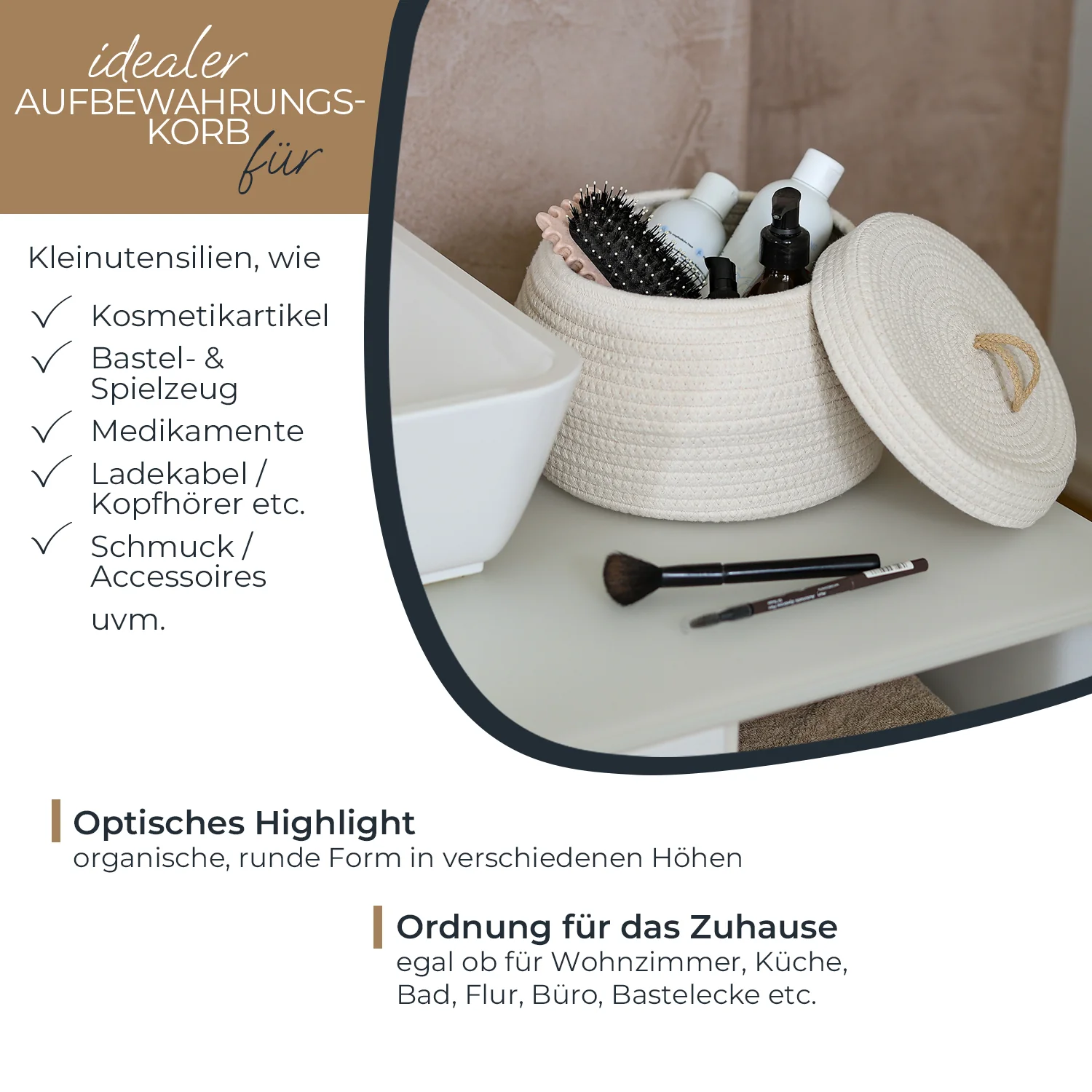 Aufbewahrungskorb Badezimmer rund, Korb mit Deckel aus Baumwolle, HMF 39031, Creme - Image 12