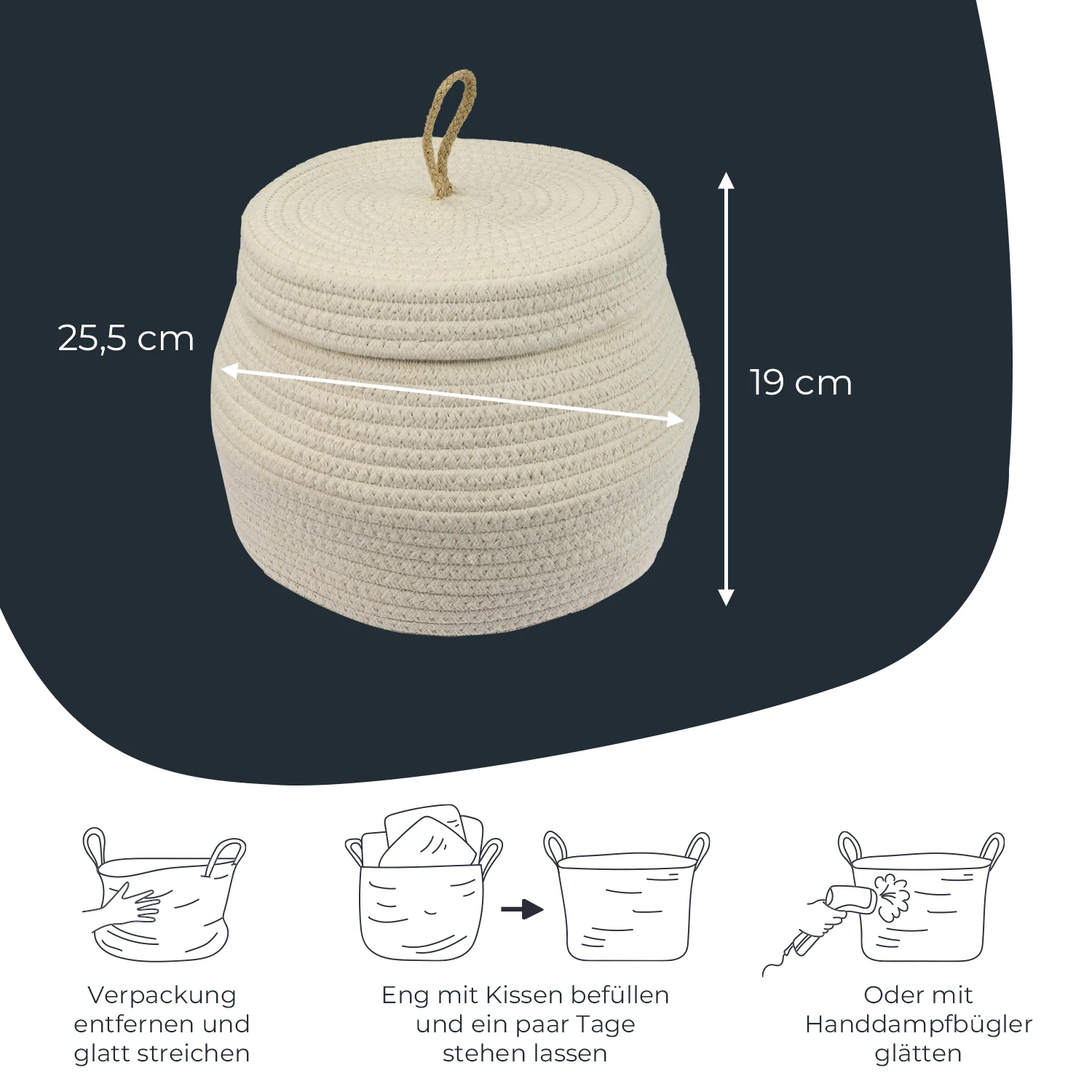 Aufbewahrungskorb Badezimmer rund, Korb mit Deckel aus Baumwolle, HMF 39031, Creme - Image 14