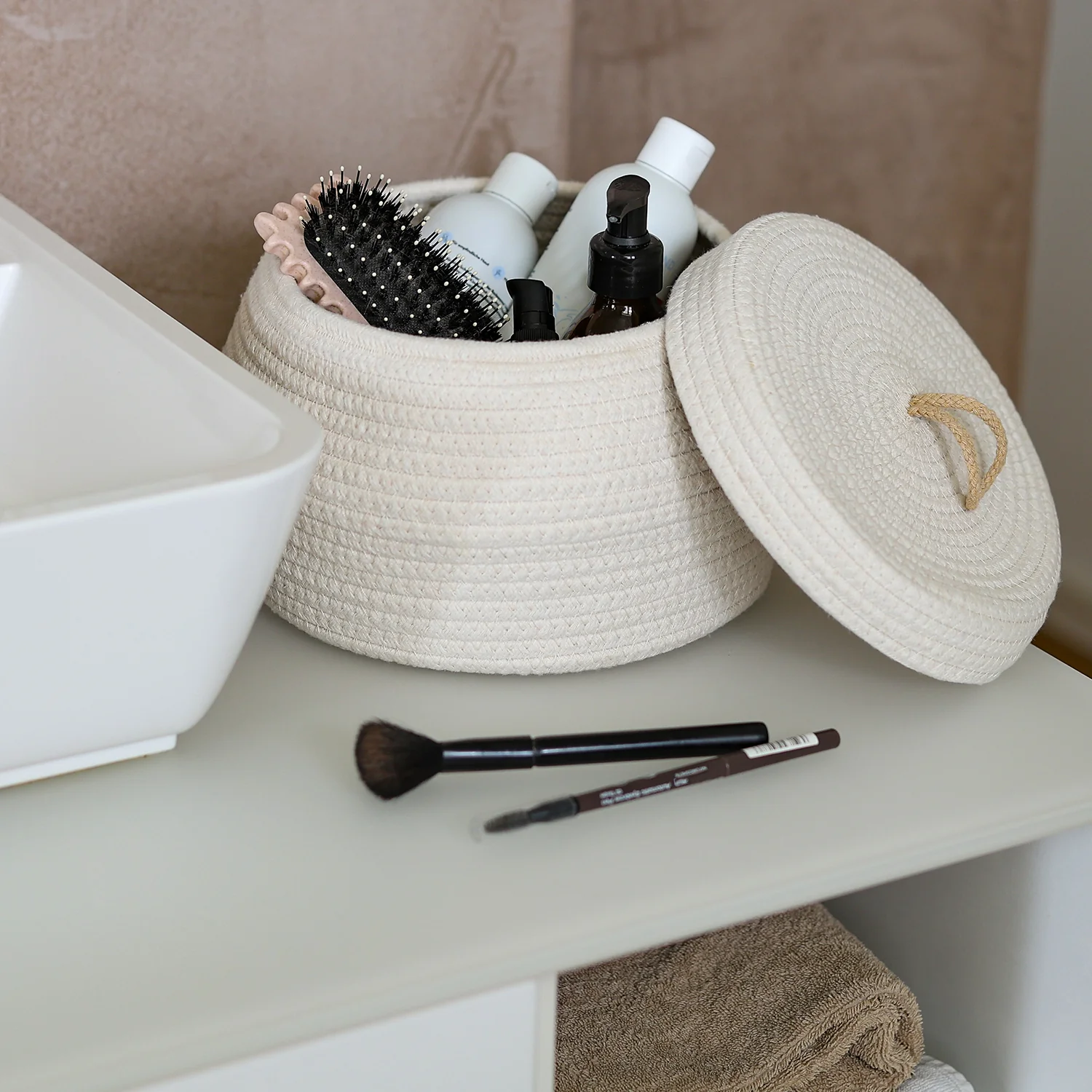 Aufbewahrungskorb Badezimmer rund, Korb mit Deckel aus Baumwolle, HMF 39031, Creme - Image 15