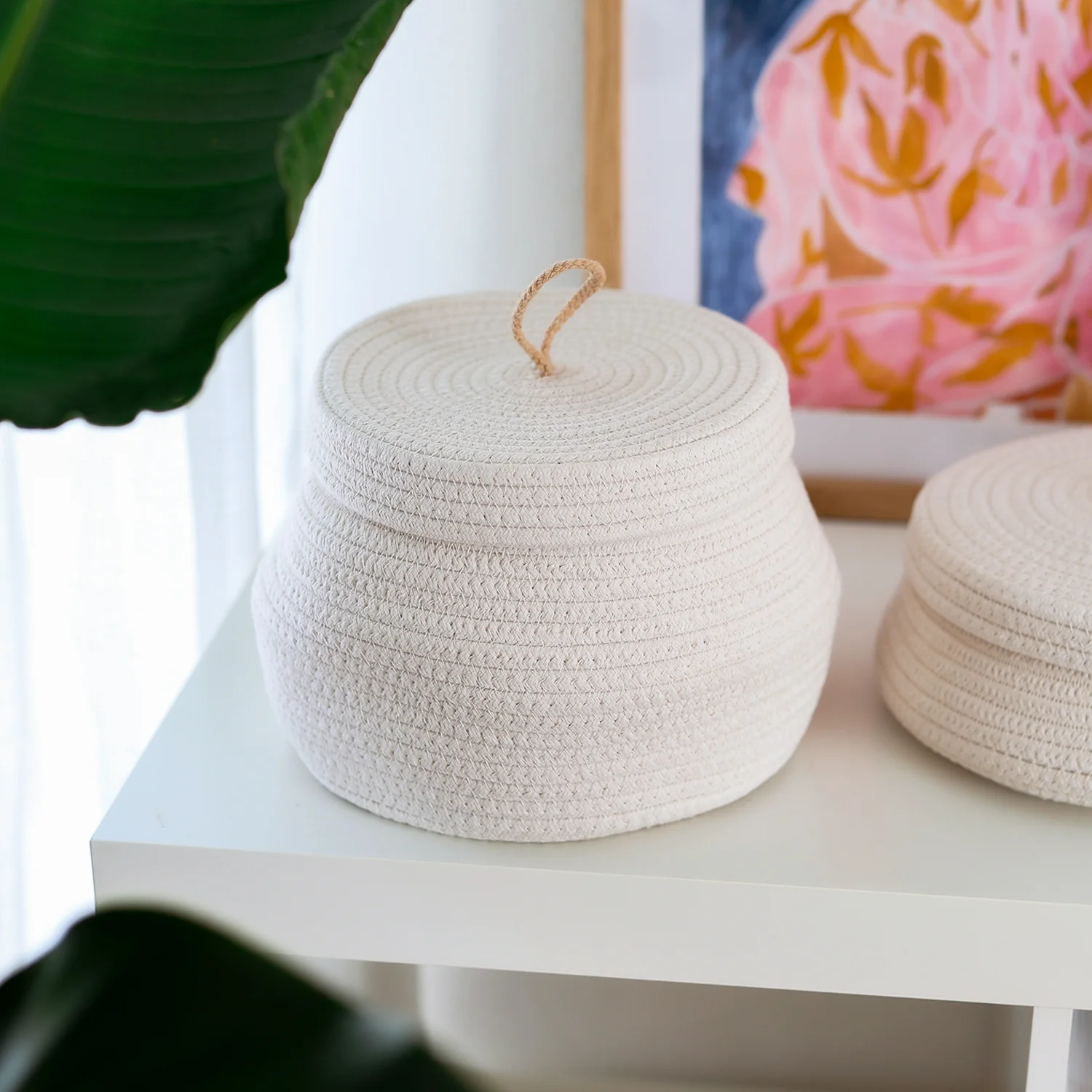 Aufbewahrungskorb Badezimmer rund, Korb mit Deckel aus Baumwolle, HMF 39031, Creme - Image 16