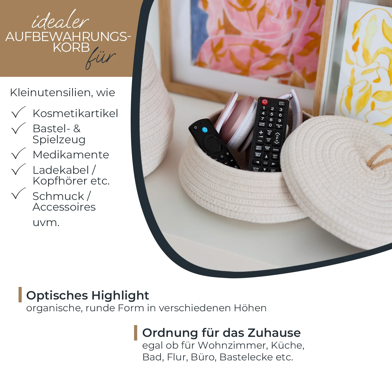 Aufbewahrungskorb Badezimmer rund, Korb mit Deckel aus Baumwolle, HMF 39031, Creme - Image 3