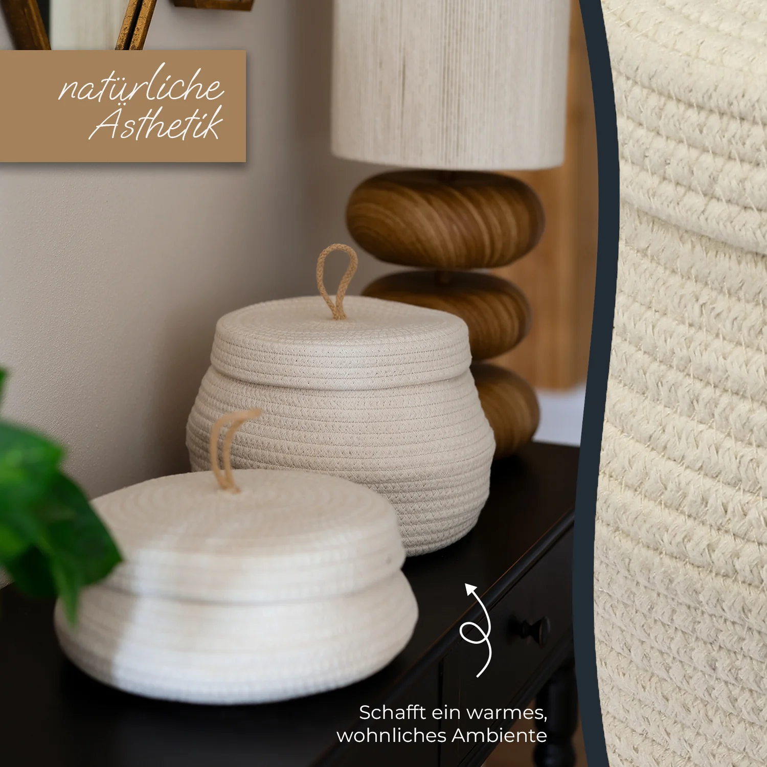 Aufbewahrungskorb Badezimmer rund, Korb mit Deckel aus Baumwolle, HMF 39031, Creme - Image 4