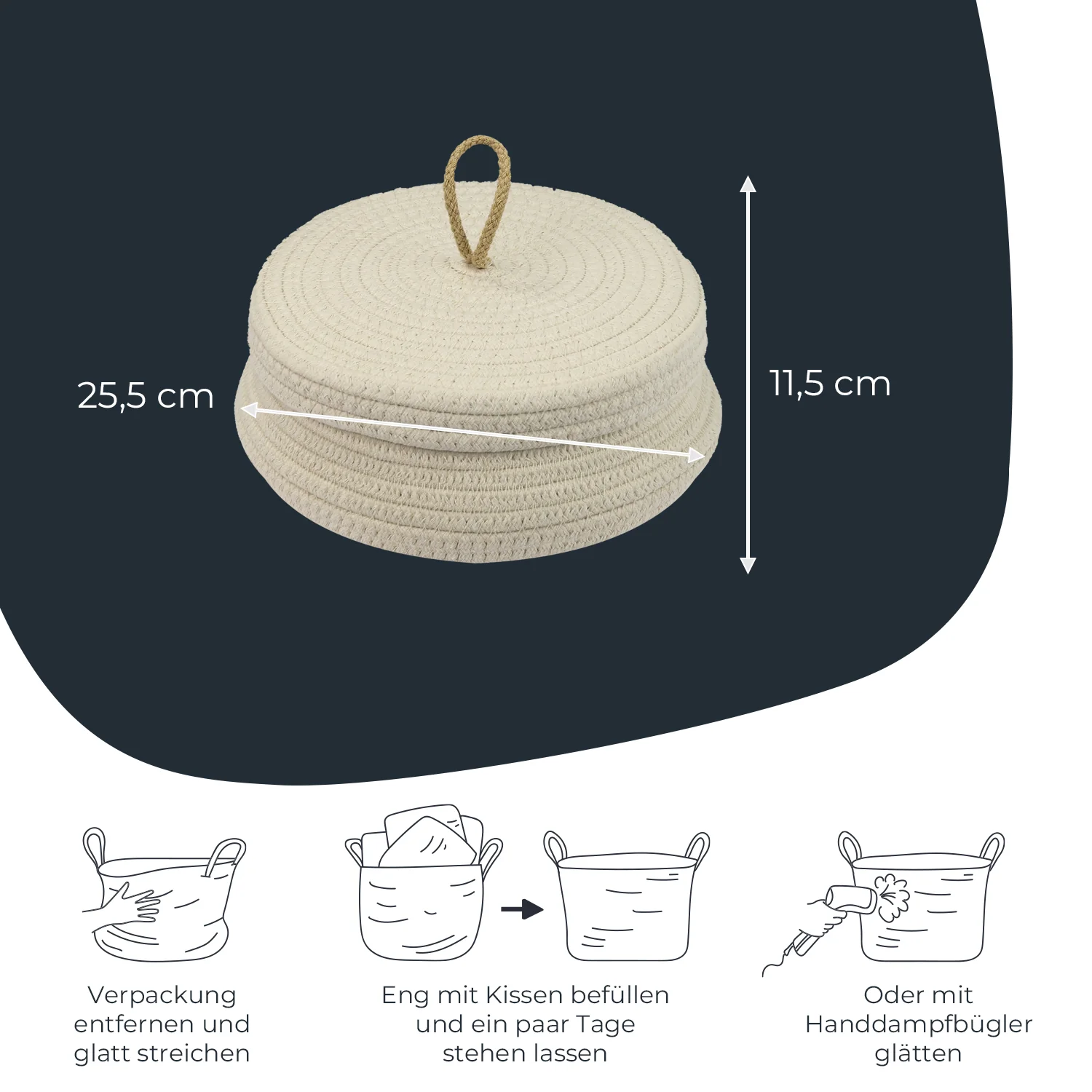 Aufbewahrungskorb Badezimmer rund, Korb mit Deckel aus Baumwolle, HMF 39031, Creme - Image 5