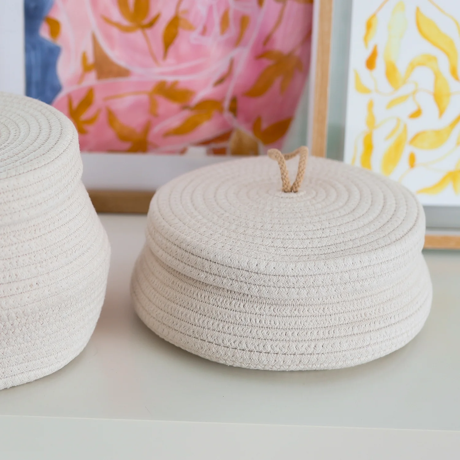 Aufbewahrungskorb Badezimmer rund, Korb mit Deckel aus Baumwolle, HMF 39031, Creme - Image 7