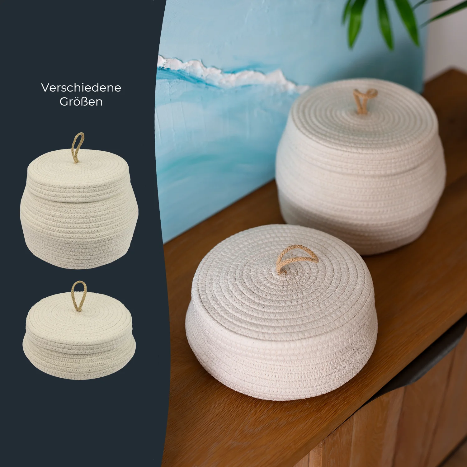 Aufbewahrungskorb Badezimmer rund, Korb mit Deckel aus Baumwolle, HMF 39031, Creme - Image 9