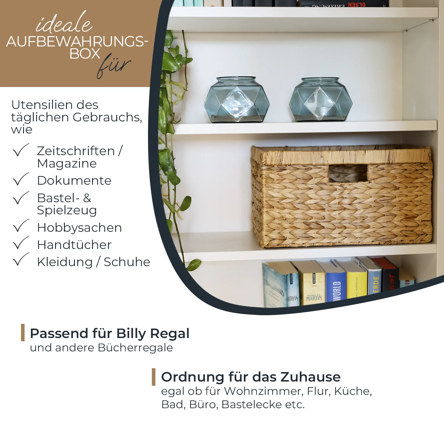 Aufbewahrungskorb geflochten aus Wasserhyazinthe passend für Billy Regal, HMF 37249, 35 x 25 x 20 cm - Image 3