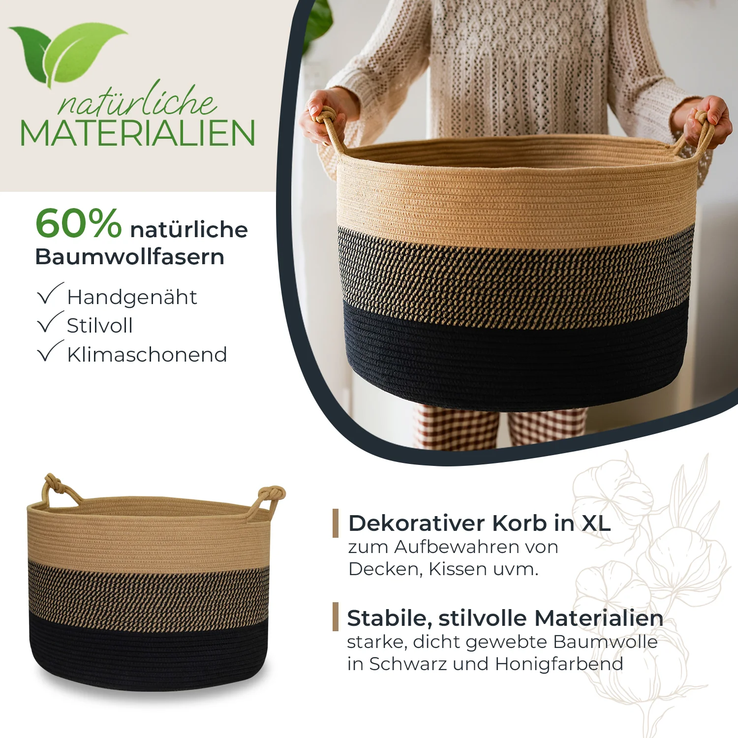 Aufbewahrungskorb mit Griffen, großer Korb aus Baumwolle, HMF 39014, 50 x 33 cm - Image 11