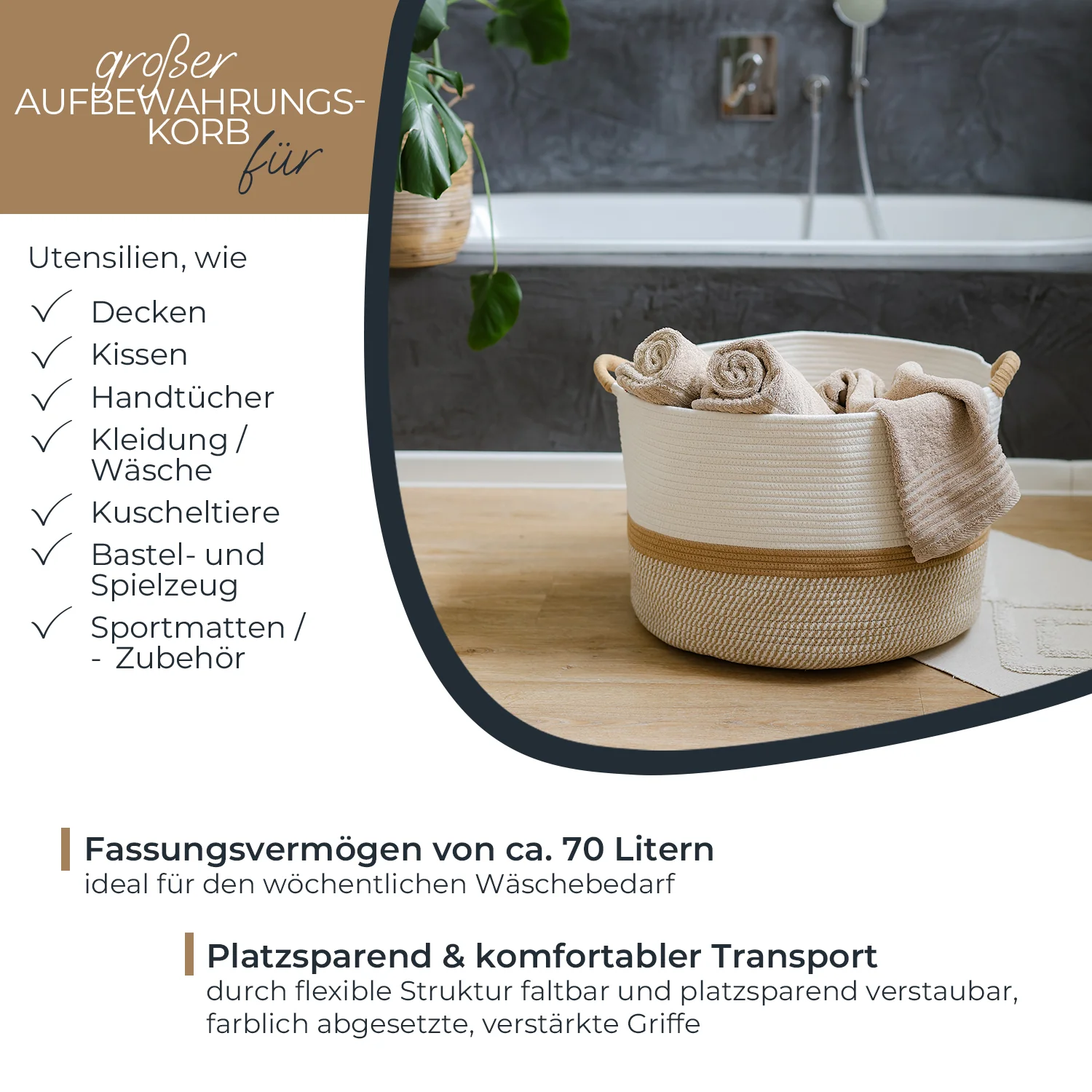 Aufbewahrungskorb mit Griffen, großer Korb aus Baumwolle, HMF 39014, 50 x 33 cm - Image 3