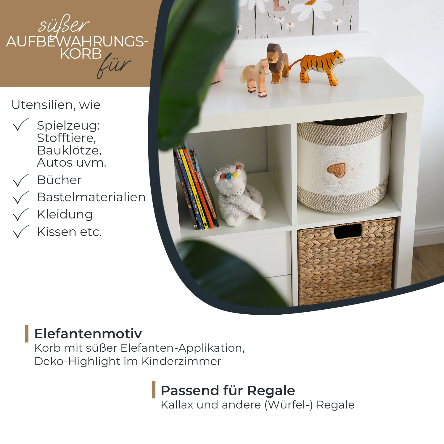 Aufbewahrungskorb mit Griffen, Korb für Kinderzimmer aus Baumwolle, Elefant, HMF 39020-30CM-ELE, 30,5 x 30,5 cm - Image 3