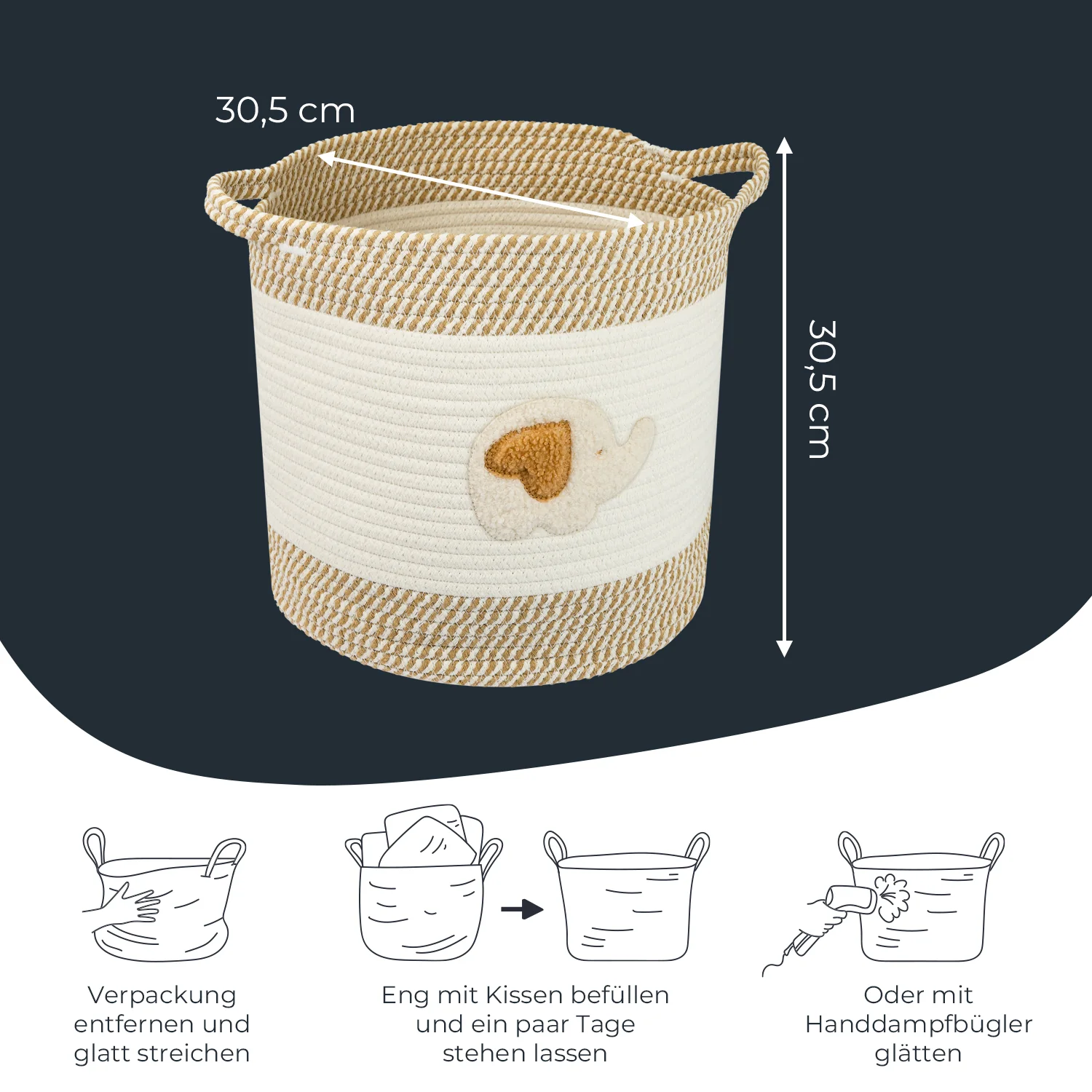Aufbewahrungskorb mit Griffen, Korb für Kinderzimmer aus Baumwolle, Elefant, HMF 39020-30CM-ELE, 30,5 x 30,5 cm - Image 5
