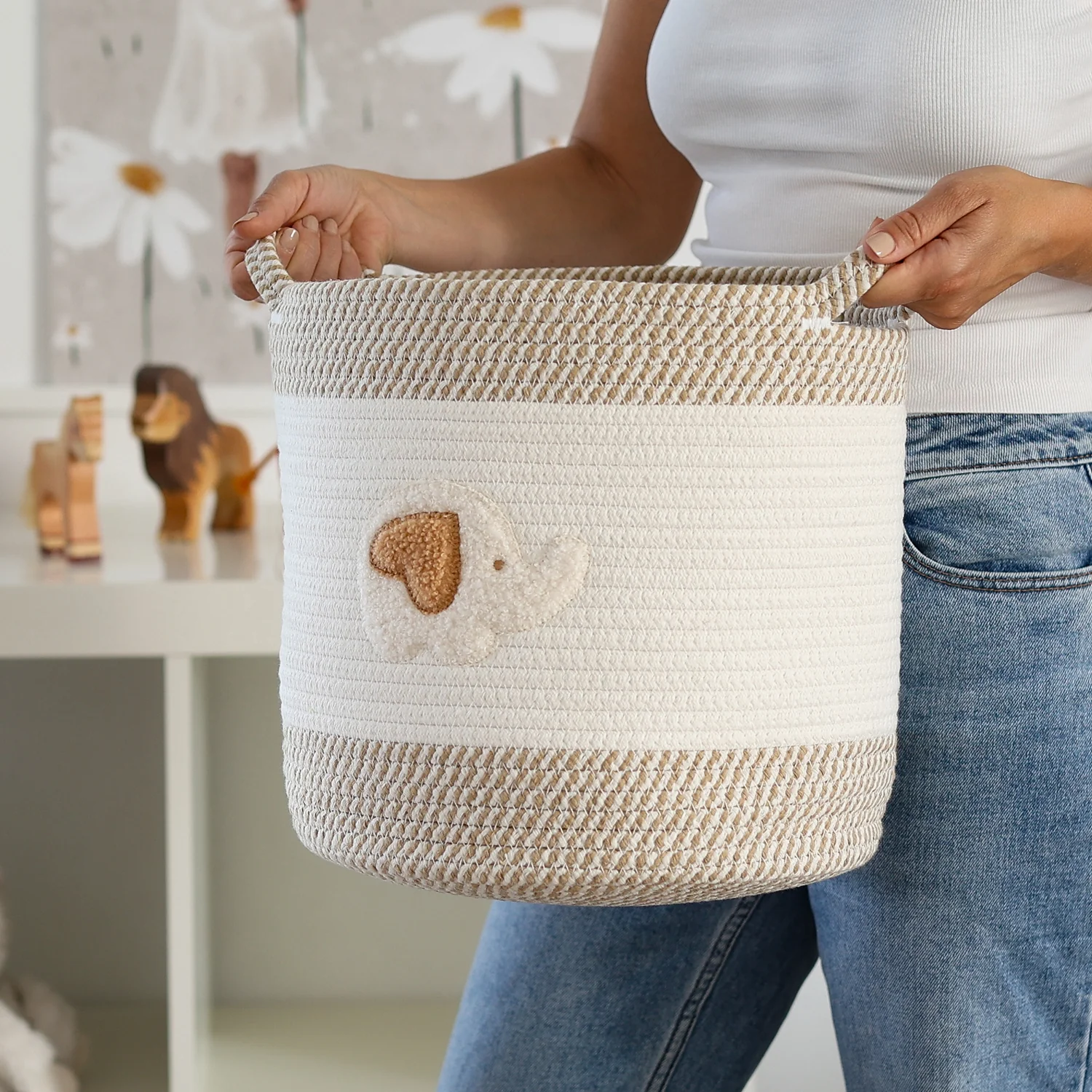 Aufbewahrungskorb mit Griffen, Korb für Kinderzimmer aus Baumwolle, Elefant, HMF 39020-30CM-ELE, 30,5 x 30,5 cm - Image 7