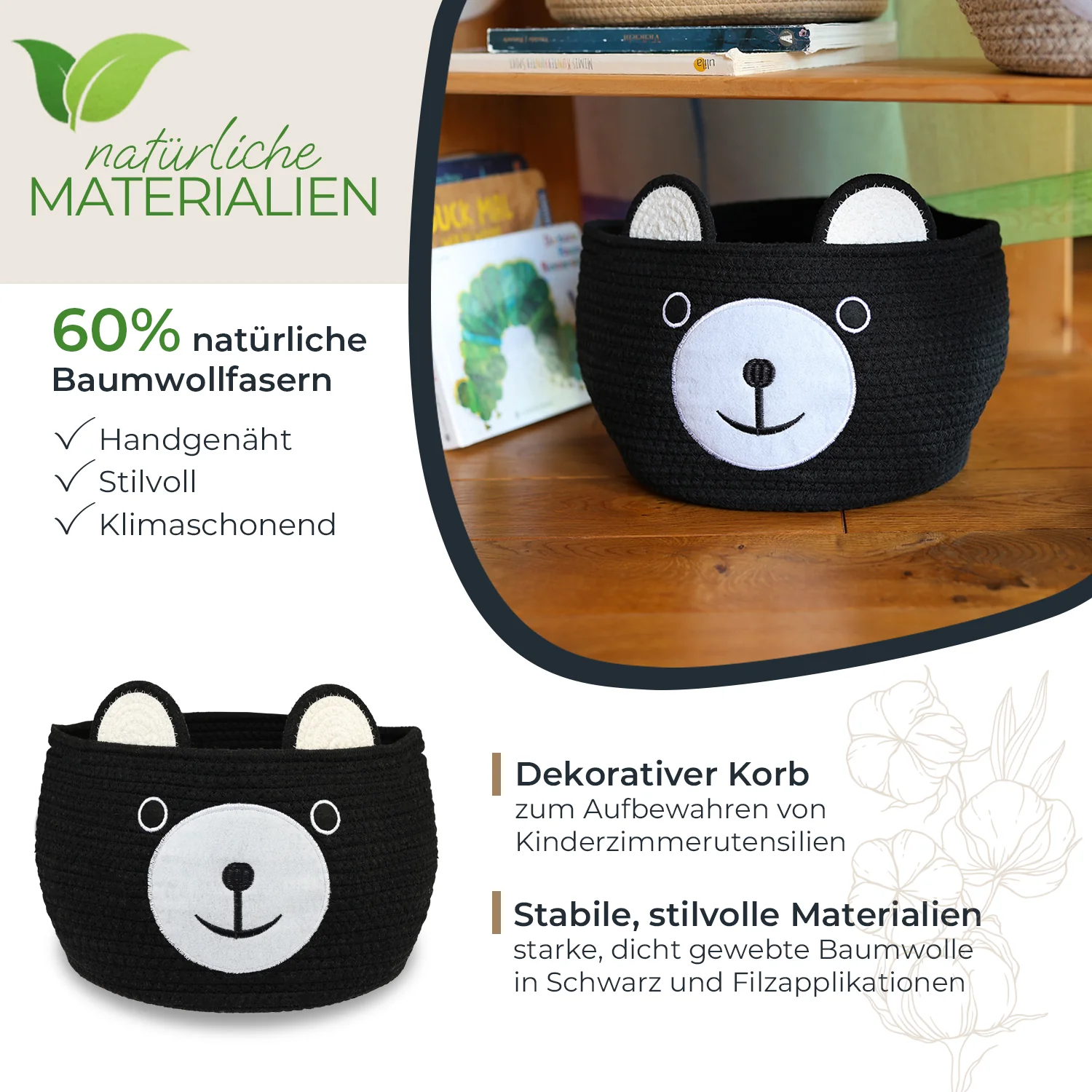 Aufbewahrungskorb mit versteckten Griffen, Korb für Kinderzimmer aus Baumwolle, Bär, HMF 39021, 30 x 24 cm - Image 20