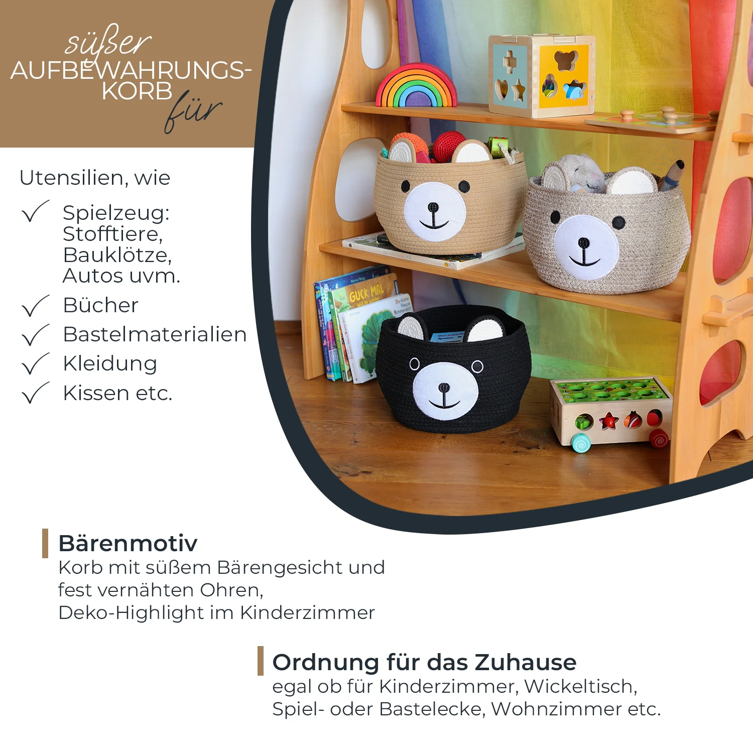 Aufbewahrungskorb mit versteckten Griffen, Korb für Kinderzimmer aus Baumwolle, Bär, HMF 39021, 30 x 24 cm - Image 21