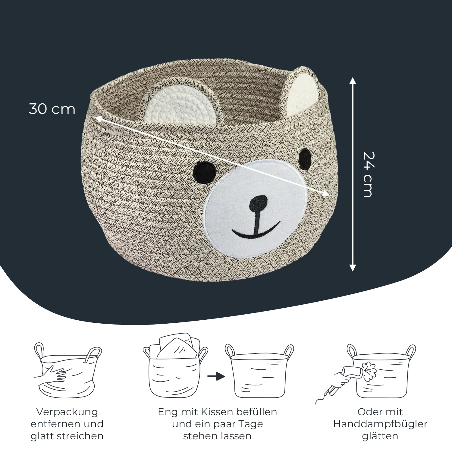 Aufbewahrungskorb mit versteckten Griffen, Korb für Kinderzimmer aus Baumwolle, Bär, HMF 39021, 30 x 24 cm - Image 5