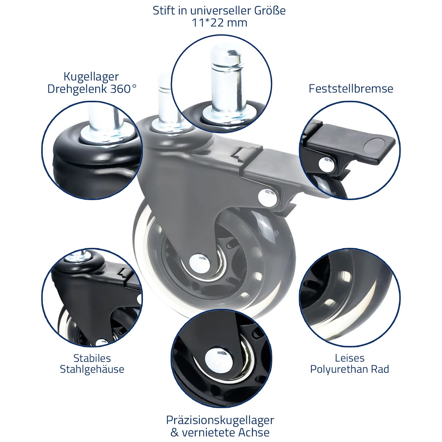 Bürostuhl Rollen 5er Set, HMF 6810, 11 mm, Schwarz - Image 7