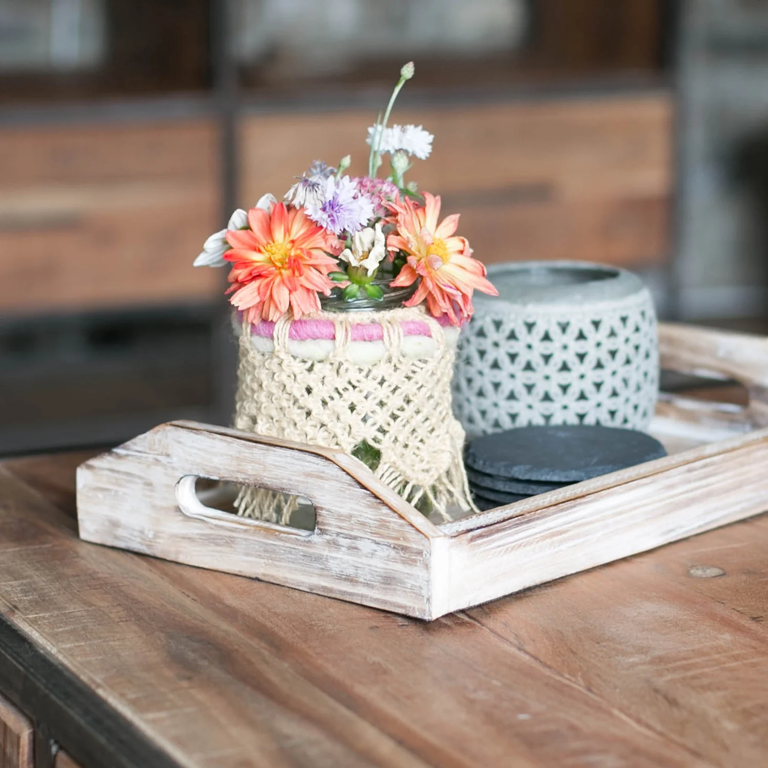 Deko Tablett aus Holz im Vintage-Design, 3er Set, HMF VTA101, verschiedene Größen - Image 7