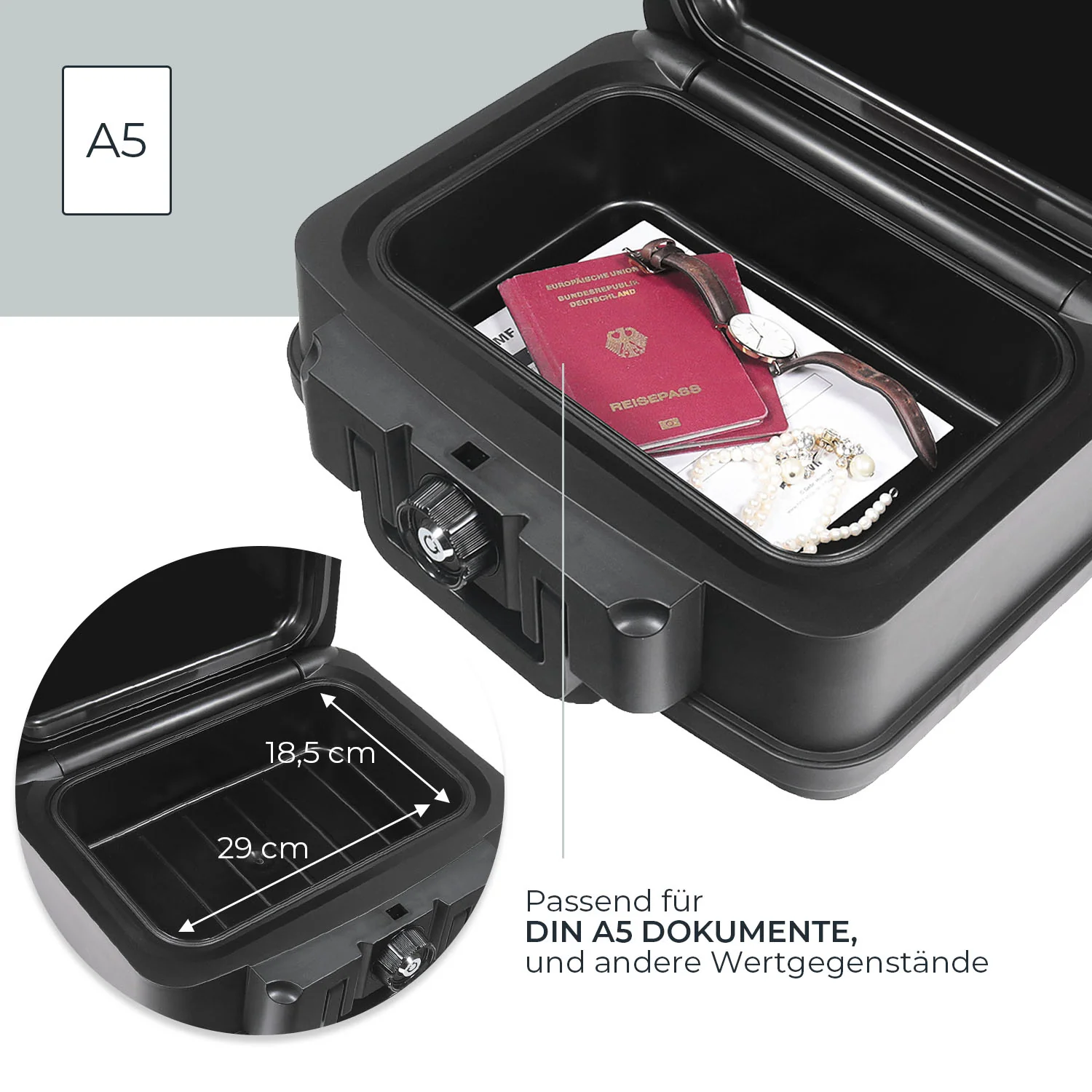 Feuerfeste Wasserdichte Dokumentenbox, HMF 250451, DIN A5, Schwarz - Image 3