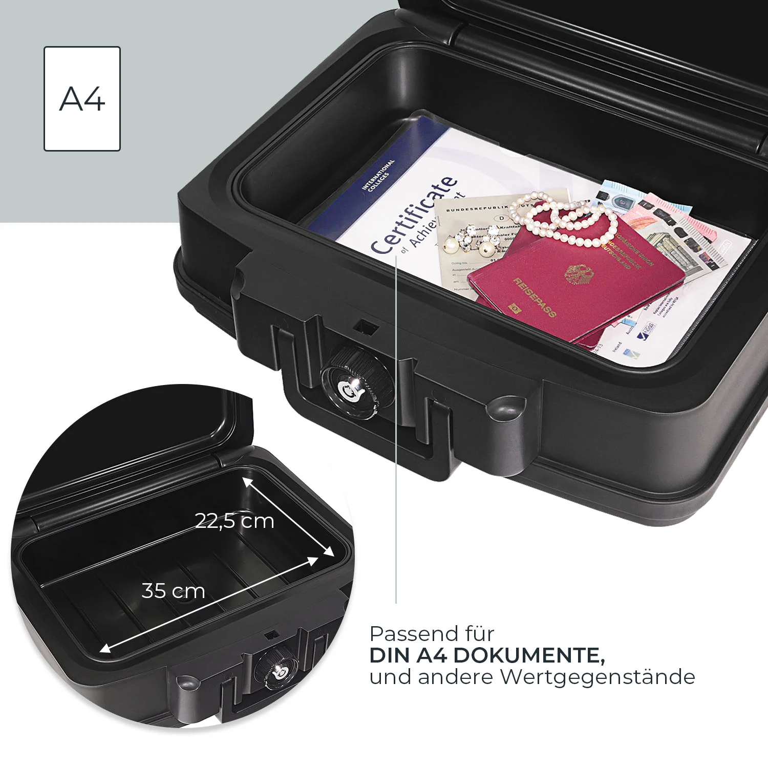 Feuerfeste Wasserdichte Dokumentenbox, HMF 250452, DIN A4, Schwarz - Image 3