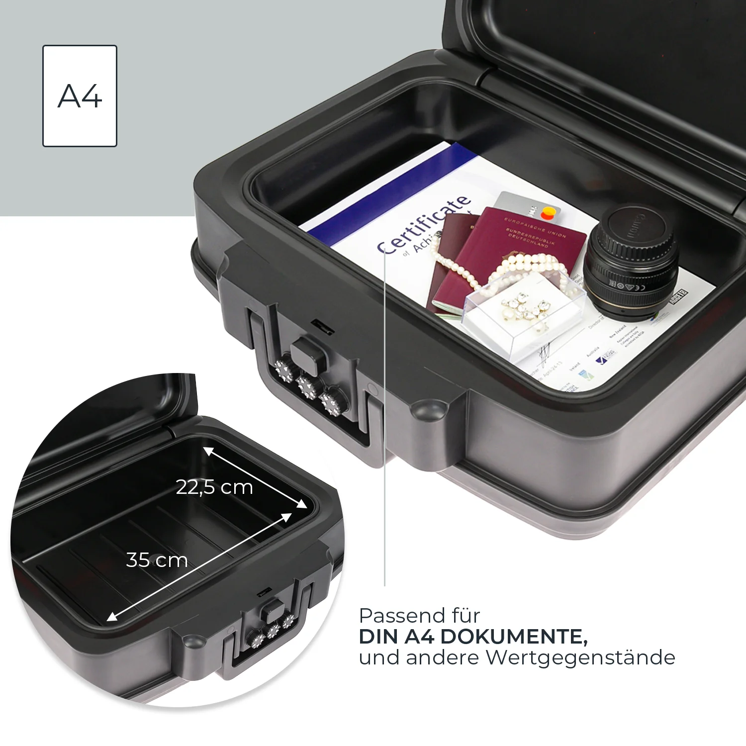 Feuerfeste Wasserdichte Dokumentenbox mit Zahlenschloss, HMF 250437, DIN A4, Schwarz - Image 3