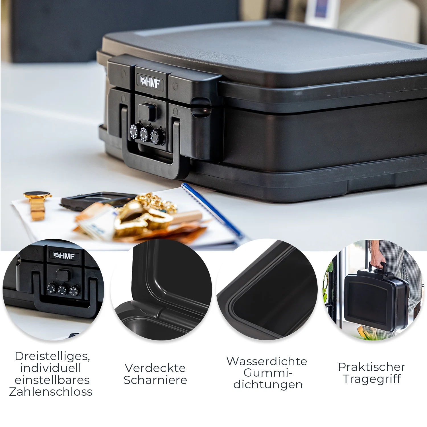 Feuerfeste Wasserdichte Dokumentenbox mit Zahlenschloss, HMF 250437, DIN A4, Schwarz - Image 4