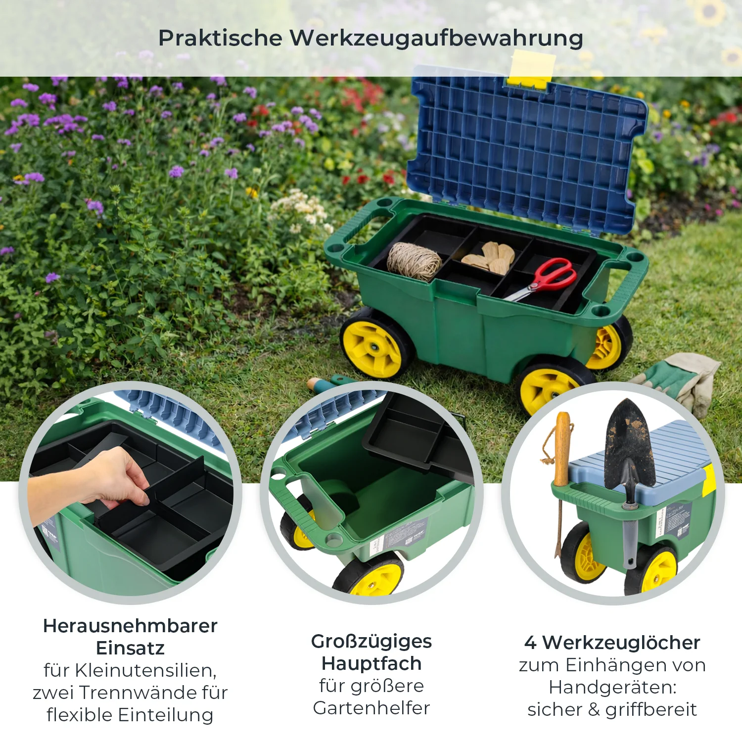 HMF 2-in-1 Gartenwagen mit Sitz und Stauraum, Gartenhocker mit großen Rollen, Rollsitz für Gartenarbeit bis 100 kg, GWS-55CM-06, 55 x 26,5 x 29,5 cm, Grün - Image 3