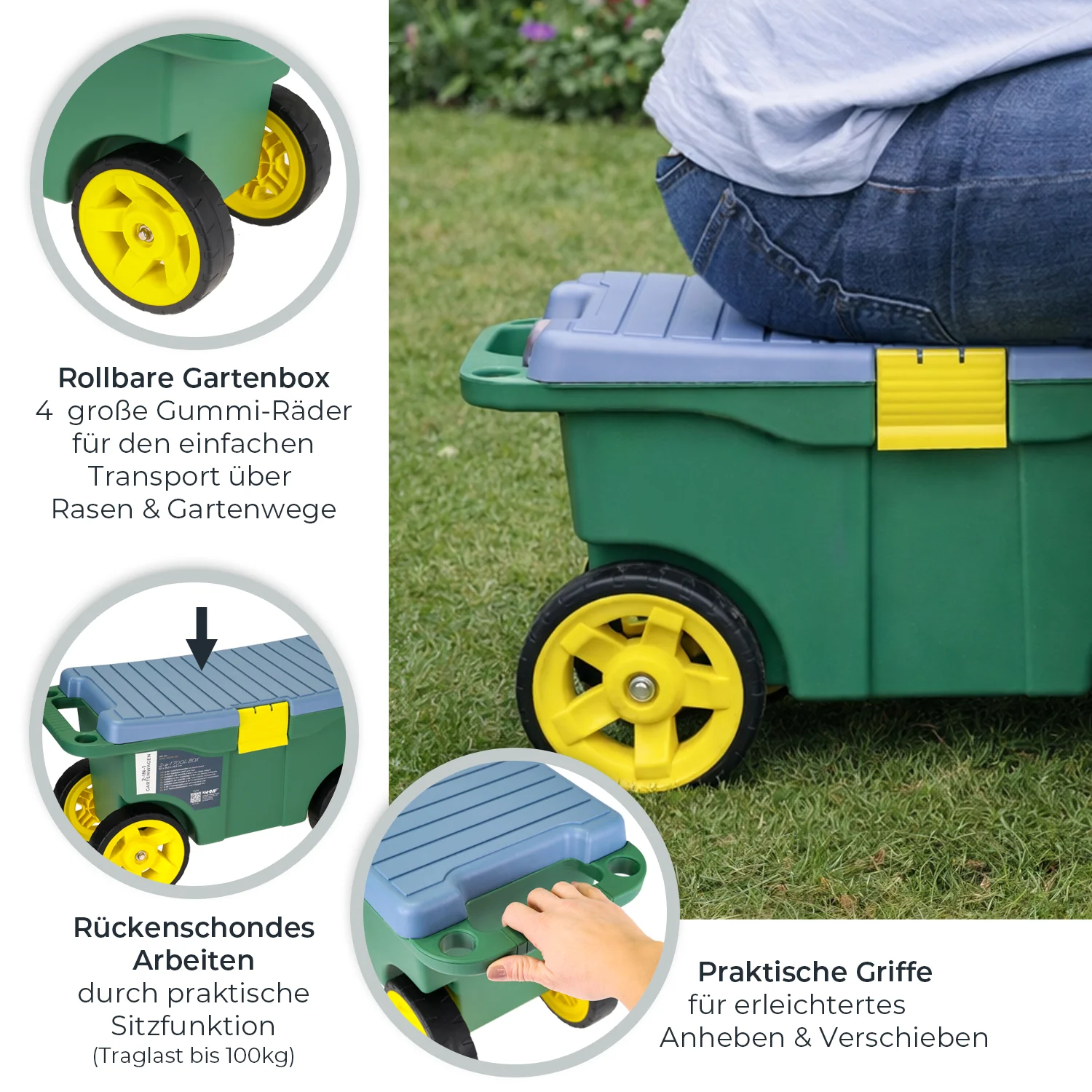 HMF 2-in-1 Gartenwagen mit Sitz und Stauraum, Gartenhocker mit großen Rollen, Rollsitz für Gartenarbeit bis 100 kg, GWS-55CM-06, 55 x 26,5 x 29,5 cm, Grün - Image 4
