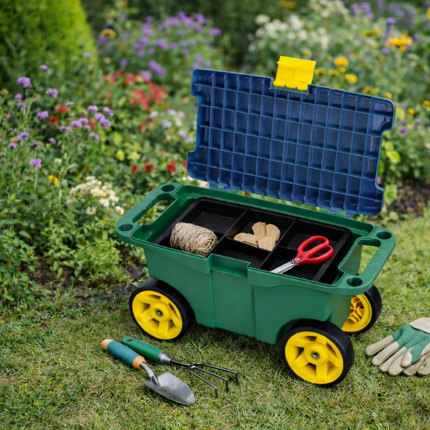 HMF 2-in-1 Gartenwagen mit Sitz und Stauraum, Gartenhocker mit großen Rollen, Rollsitz für Gartenarbeit bis 100 kg, GWS-55CM-06, 55 x 26,5 x 29,5 cm, Grün - Image 6