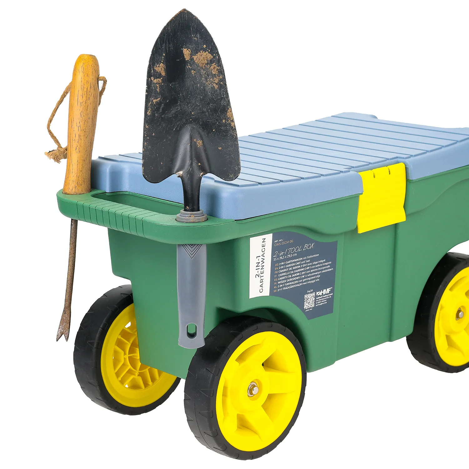 HMF 2-in-1 Gartenwagen mit Sitz und Stauraum, Gartenhocker mit großen Rollen, Rollsitz für Gartenarbeit bis 100 kg, GWS-55CM-06, 55 x 26,5 x 29,5 cm, Grün - Image 9