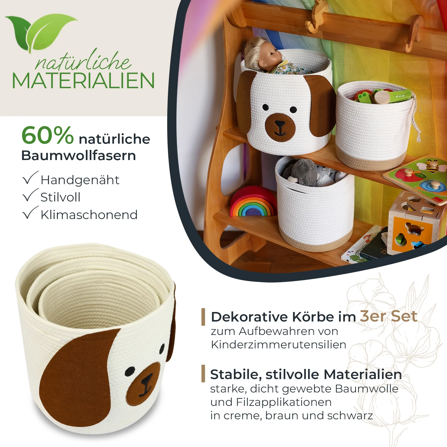 HMF 39022 Aufbewahrungskorb mit versteckten Griffen, 3er Set, Korb für Kinderzimmer aus Baumwolle , Groß, Mittel, Klein - Image 11