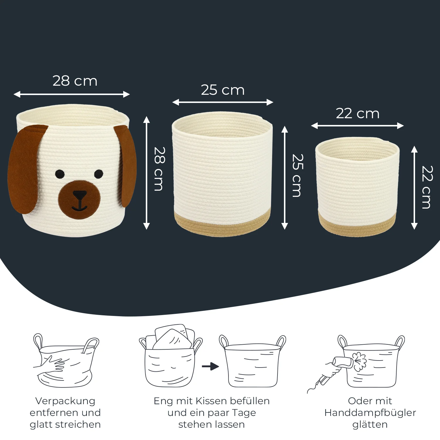 HMF 39022 Aufbewahrungskorb mit versteckten Griffen, 3er Set, Korb für Kinderzimmer aus Baumwolle , Groß, Mittel, Klein - Image 14