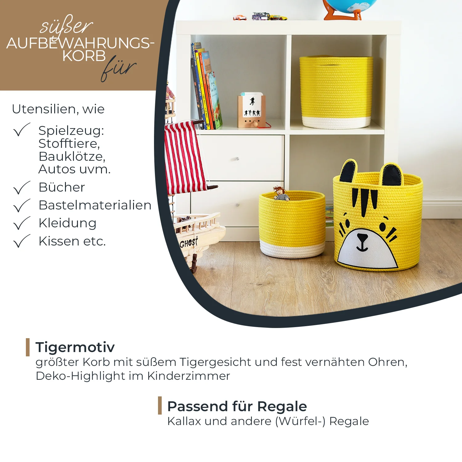 HMF 39022 Aufbewahrungskorb mit versteckten Griffen, 3er Set, Korb für Kinderzimmer aus Baumwolle , Groß, Mittel, Klein - Image 3