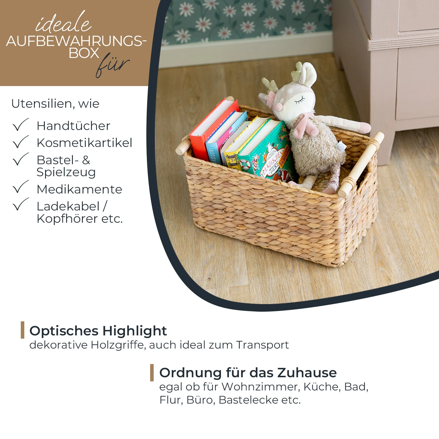 Aufbewahrungskorb geflochten aus Wasserhyazinthe, dekorativer Korb mit Holzgriffen zur Aufbewahrung für Badezimmer, Wohnzimmer, Küche, HMF 37279 - Image 13