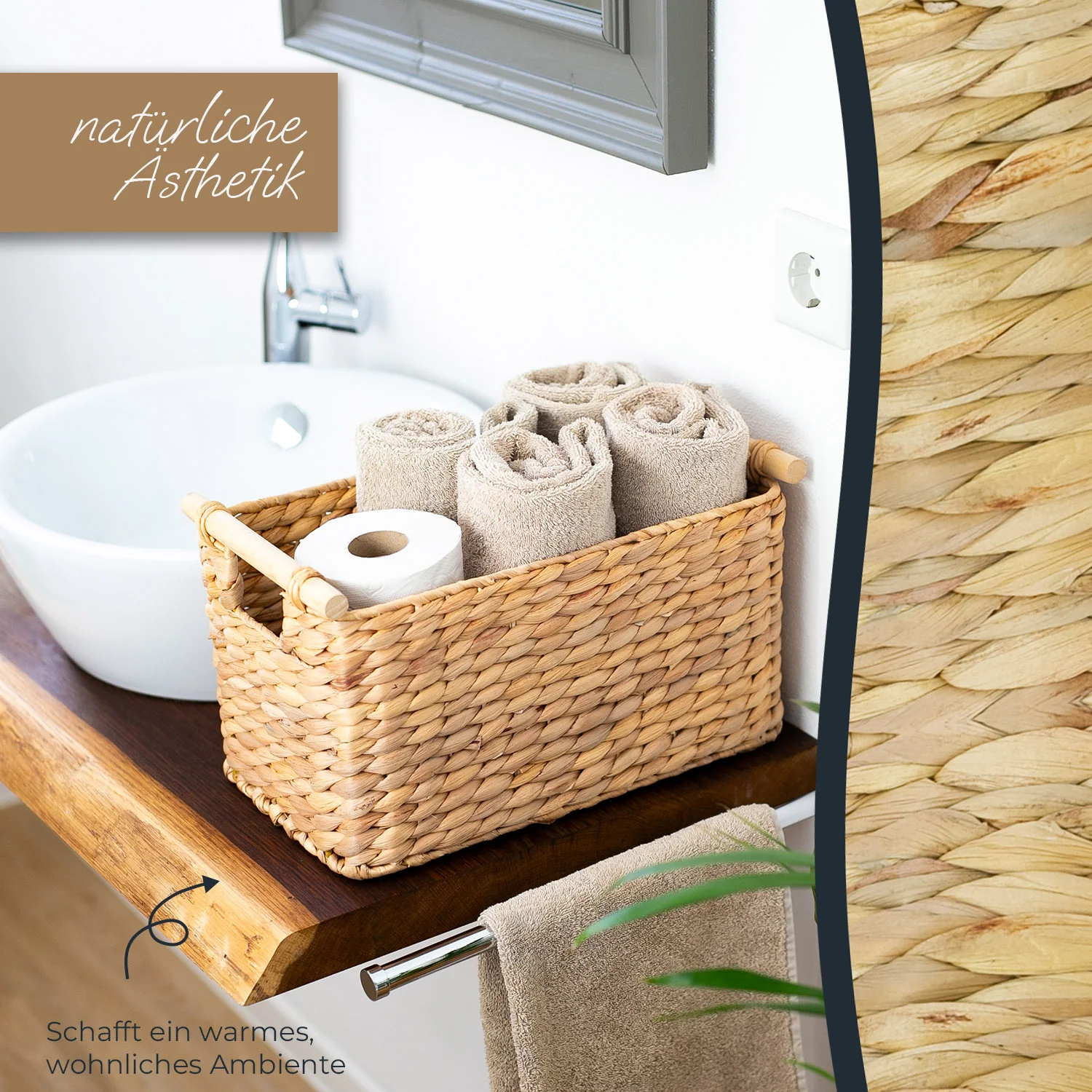 Aufbewahrungskorb geflochten aus Wasserhyazinthe, dekorativer Korb mit Holzgriffen zur Aufbewahrung für Badezimmer, Wohnzimmer, Küche, HMF 37279 - Image 14