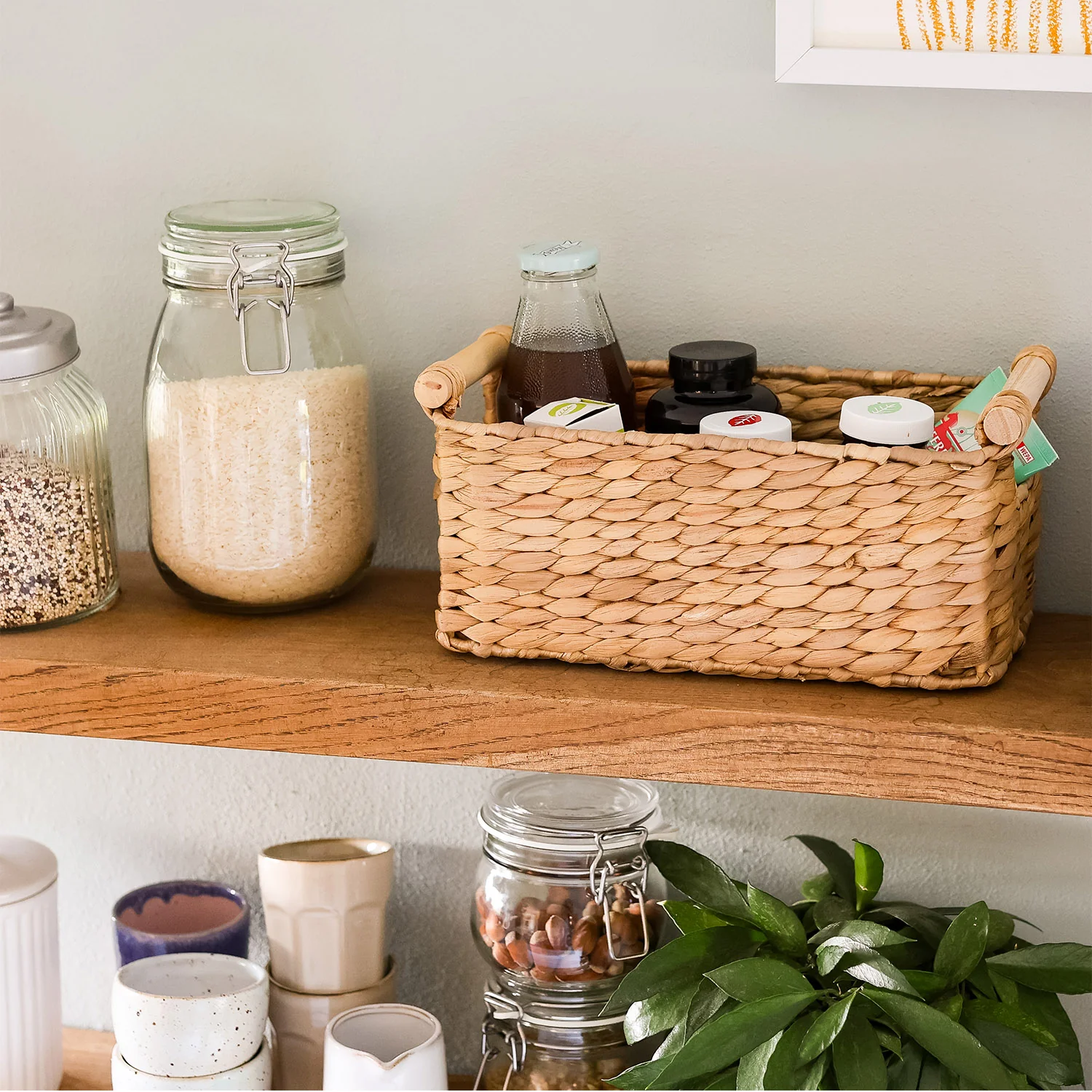 Aufbewahrungskorb geflochten aus Wasserhyazinthe, dekorativer Korb mit Holzgriffen zur Aufbewahrung für Badezimmer, Wohnzimmer, Küche, HMF 37279 - Image 26