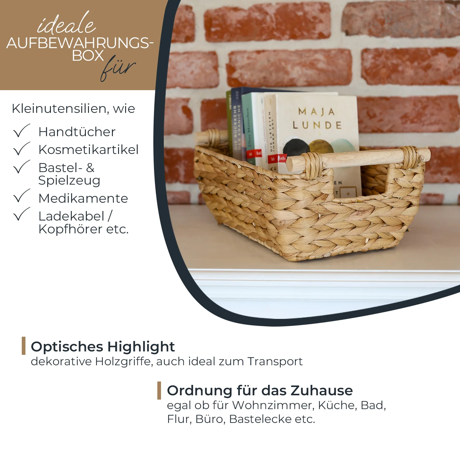 Aufbewahrungskorb geflochten aus Wasserhyazinthe, dekorativer Korb mit Holzgriffen zur Aufbewahrung für Badezimmer, Wohnzimmer, Küche HMF 37277 - Image 12