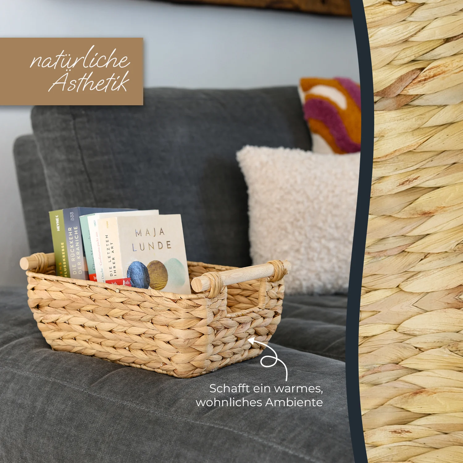 Aufbewahrungskorb geflochten aus Wasserhyazinthe, dekorativer Korb mit Holzgriffen zur Aufbewahrung für Badezimmer, Wohnzimmer, Küche HMF 37277 - Image 13