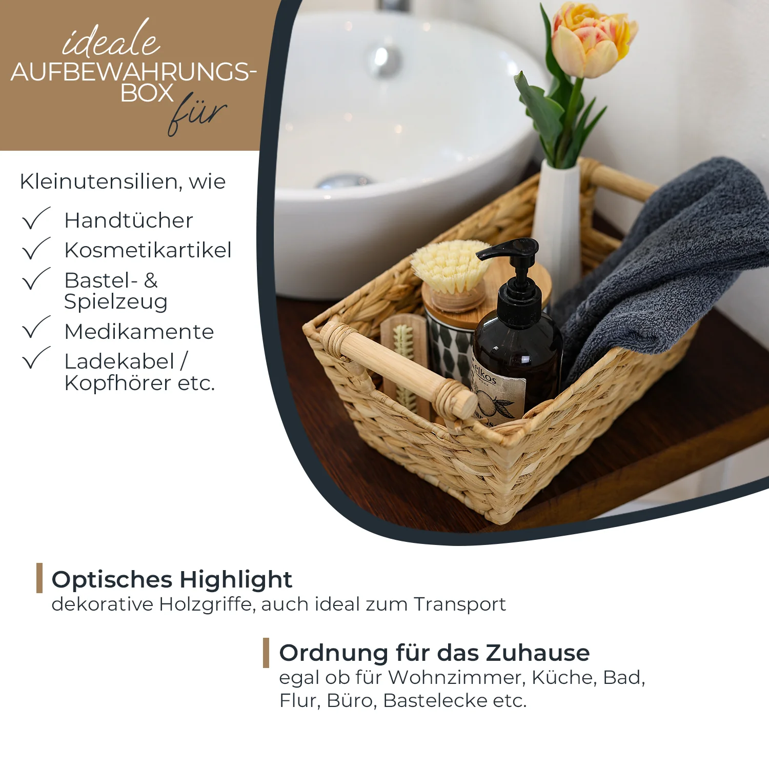 Aufbewahrungskorb geflochten aus Wasserhyazinthe, dekorativer Korb mit Holzgriffen zur Aufbewahrung für Badezimmer, Wohnzimmer, Küche HMF 37277 - Image 3