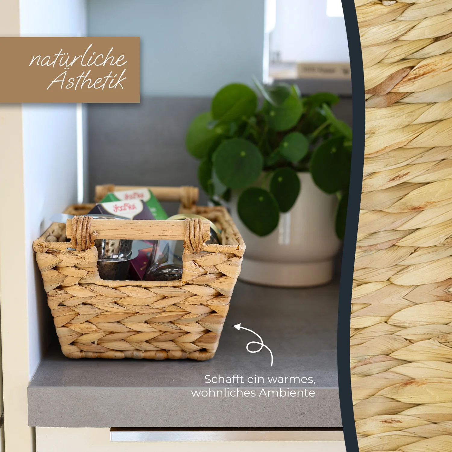 Aufbewahrungskorb geflochten aus Wasserhyazinthe, dekorativer Korb mit Holzgriffen zur Aufbewahrung für Badezimmer, Wohnzimmer, Küche HMF 37277 - Image 4