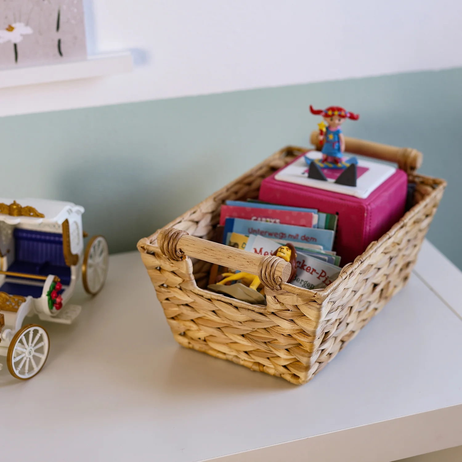 Aufbewahrungskorb geflochten aus Wasserhyazinthe, dekorativer Korb mit Holzgriffen zur Aufbewahrung für Badezimmer, Wohnzimmer, Küche HMF 37277 - Image 7