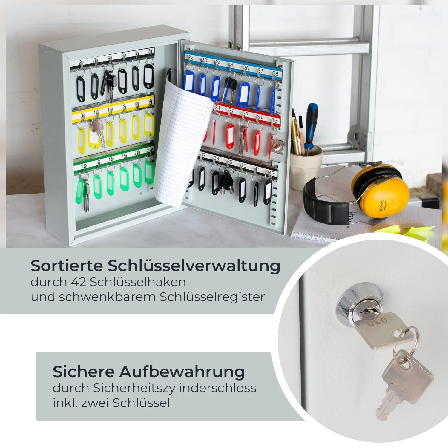 Schlüsselschrank groß aus Stahl, abschließbarer Schlüsselkasten für Büro, Verwaltung oder Fuhrpark, HMF, 13500, 42-1170 Schlüsselhaken - Image 10