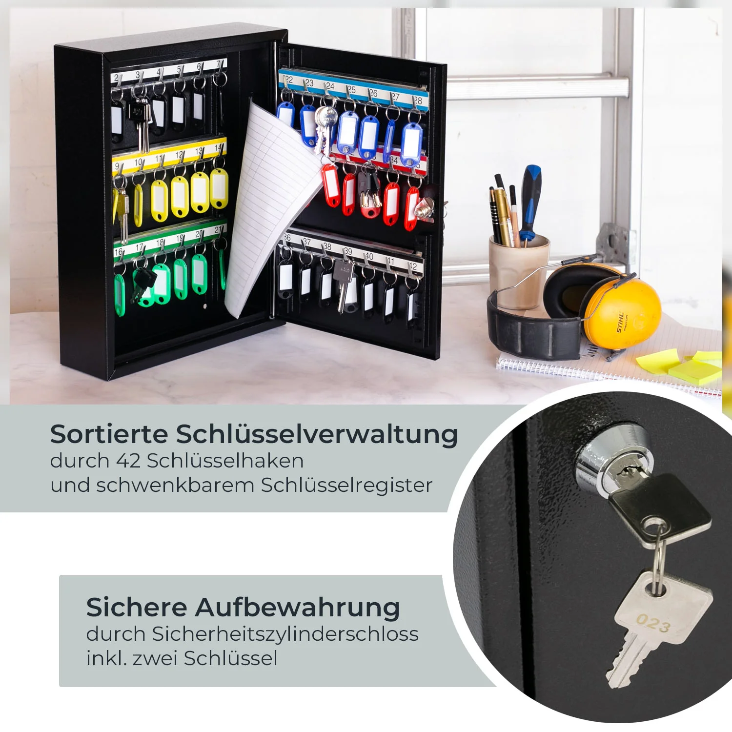 Schlüsselschrank groß aus Stahl, abschließbarer Schlüsselkasten für Büro, Verwaltung oder Fuhrpark, HMF, 13500, 42-1170 Schlüsselhaken - Image 3