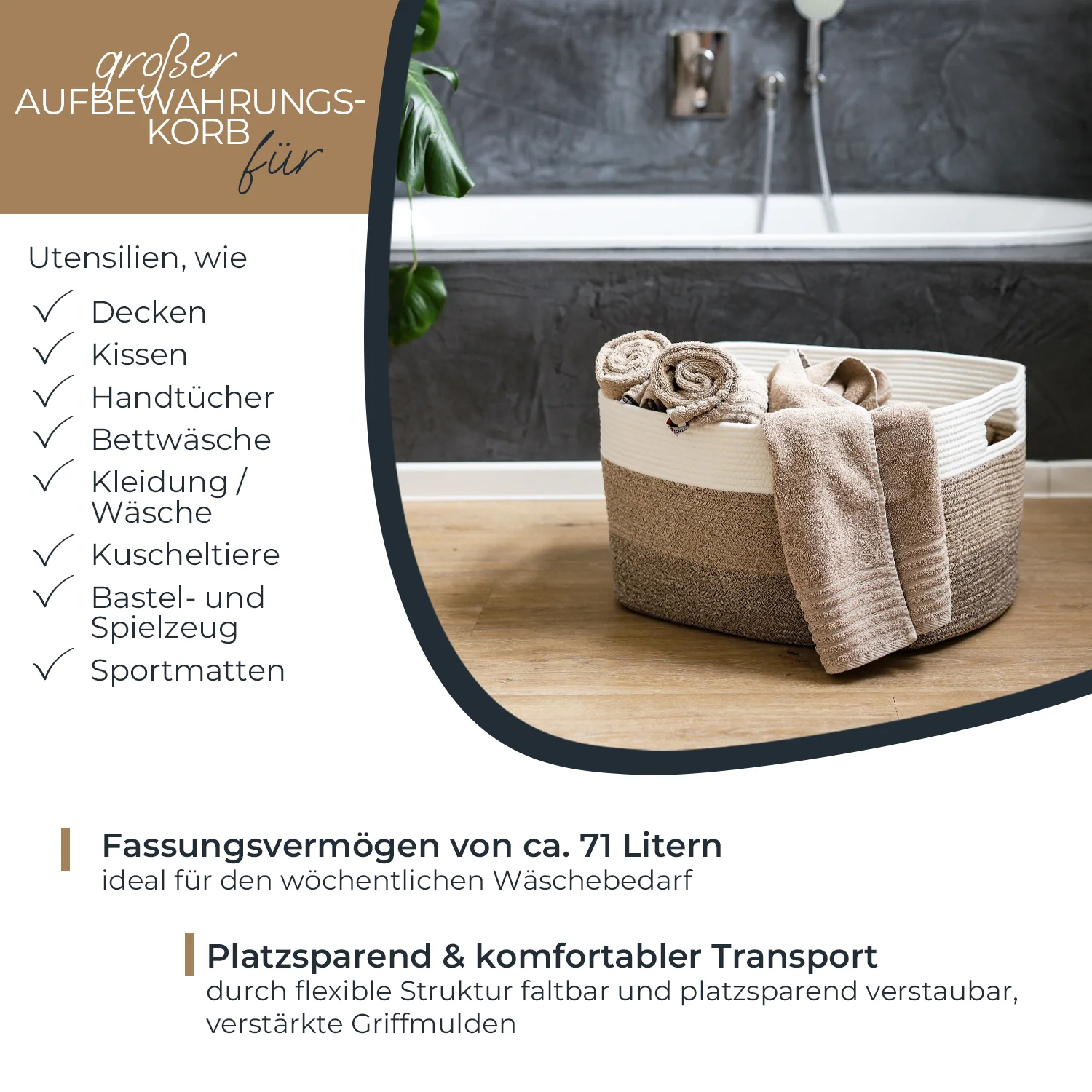 XXL Wäschekorb aus Baumwolle, eckiger Aufbewahrungskorb mit Griffen, HMF 39013-55CM-80, 55 x 43 x 30 cm, Weiß-Braun - Image 3