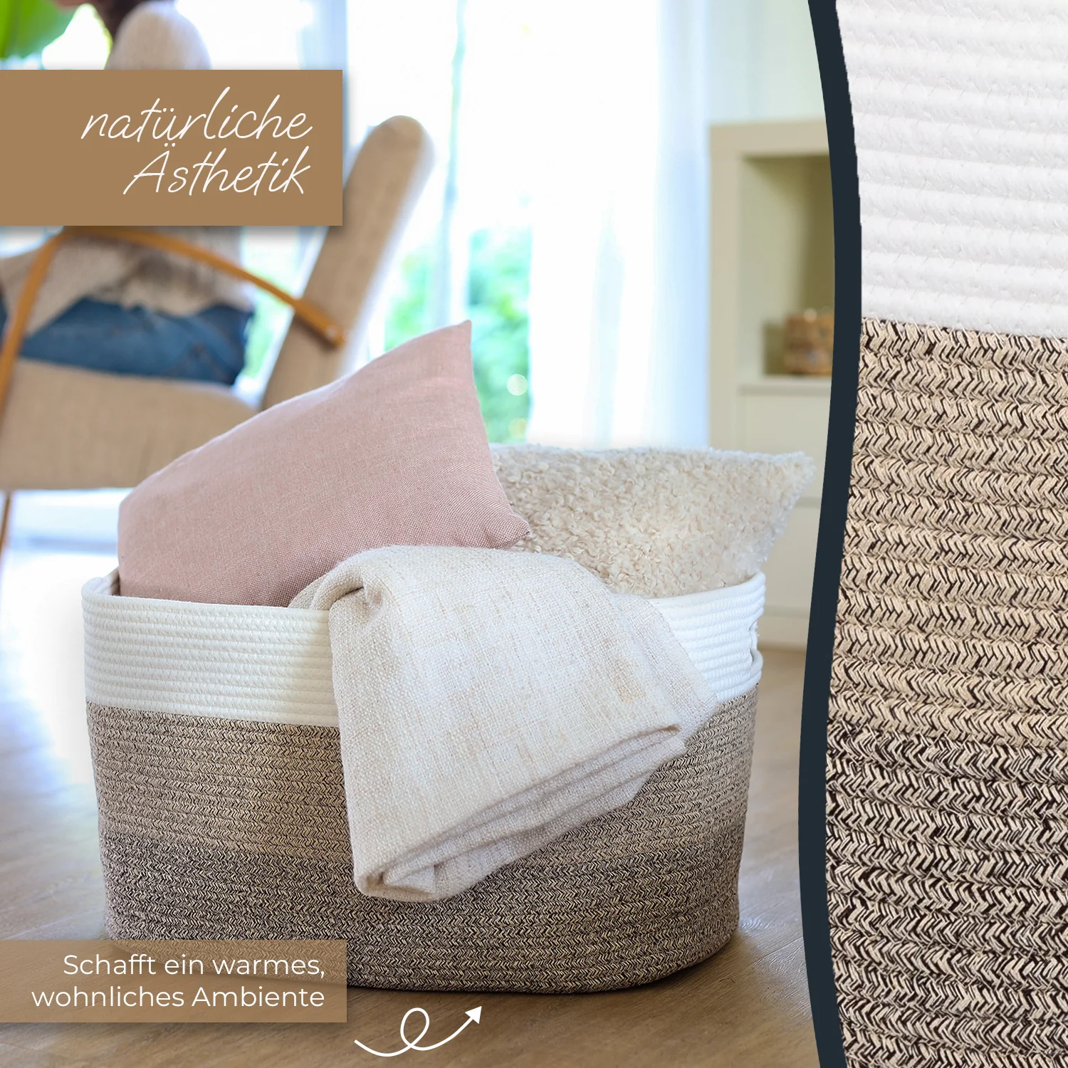 XXL Wäschekorb aus Baumwolle, eckiger Aufbewahrungskorb mit Griffen, HMF 39013-55CM-80, 55 x 43 x 30 cm, Weiß-Braun - Image 4