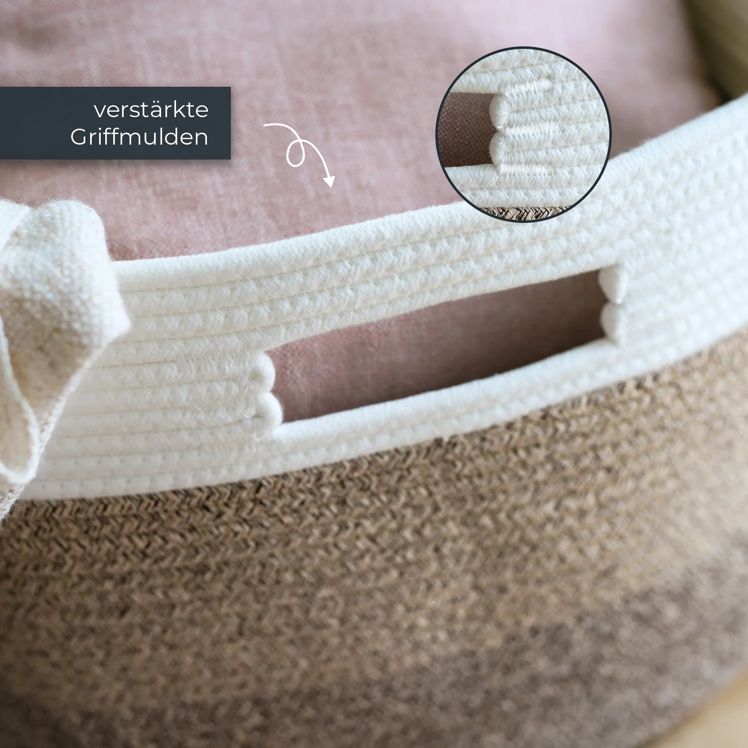 XXL Wäschekorb aus Baumwolle, eckiger Aufbewahrungskorb mit Griffen, HMF 39013-55CM-80, 55 x 43 x 30 cm, Weiß-Braun - Image 6