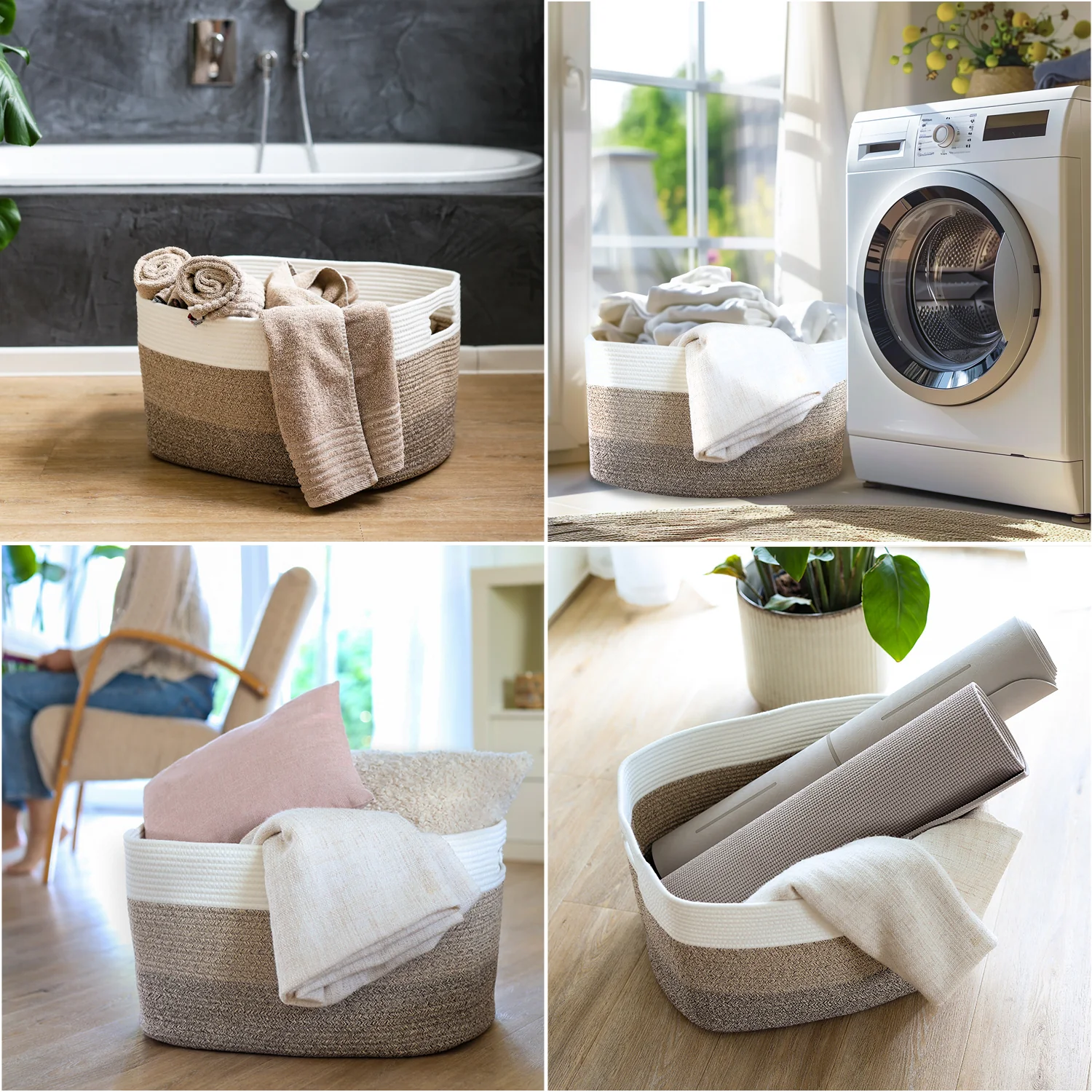 XXL Wäschekorb aus Baumwolle, eckiger Aufbewahrungskorb mit Griffen, HMF 39013-55CM-80, 55 x 43 x 30 cm, Weiß-Braun - Image 7